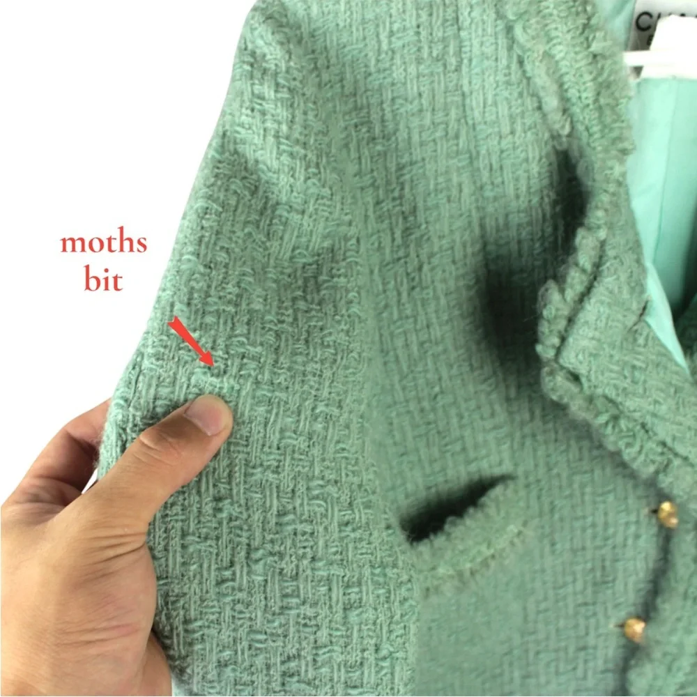 Chanel Boutique Skirt Suit Set Tweed Size 38 Jade Green 100% Wool Pocket